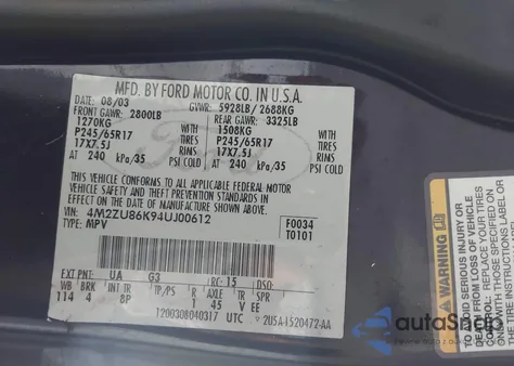 2004 Mercury Mountaineer from USA, damaged, VIN 4M2ZU86K94UJ00612